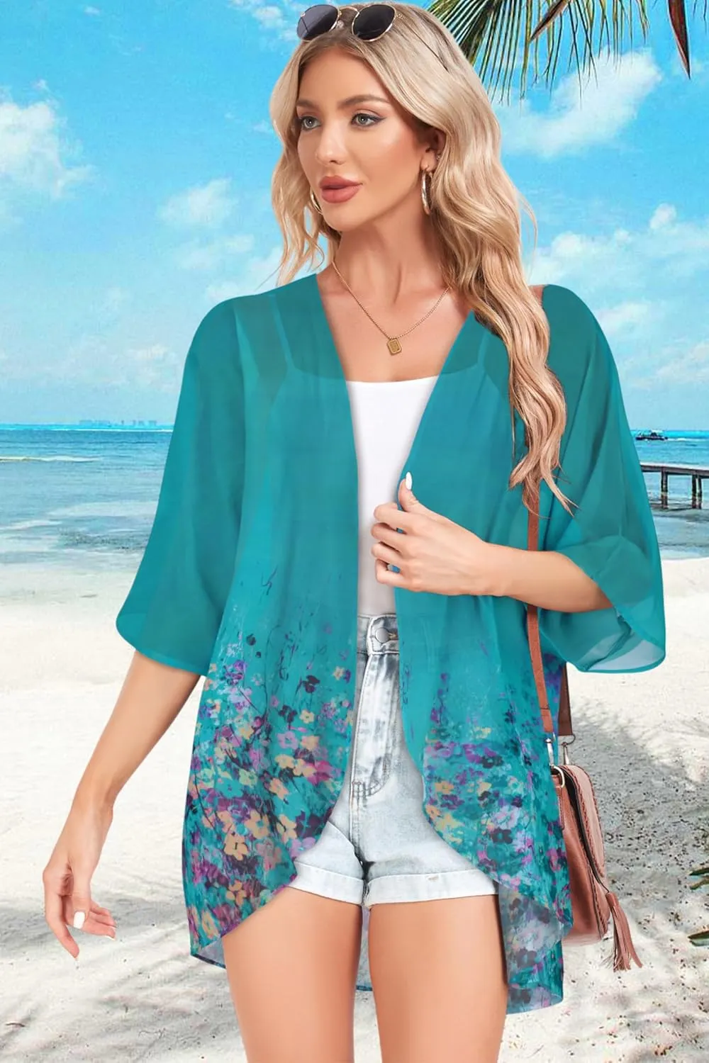 Women Kimono Cardigans Casual Summer Tops Cover up Open Front Floral Print Resort Wear