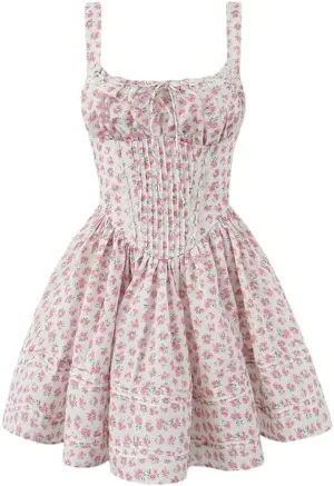 Women Lace Trim Floral Print Mini Dress Low Waist Square Neck Female Party Dress Holiday Robe