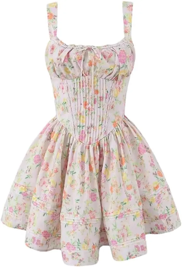 Women Lace Trim Floral Print Mini Dress Low Waist Square Neck Female Party Dress Holiday Robe