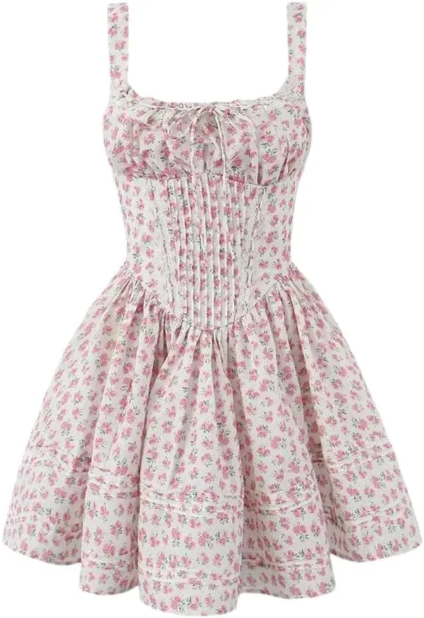 Women Lace Trim Floral Print Mini Dress Low Waist Square Neck Female Party Dress Holiday Robe