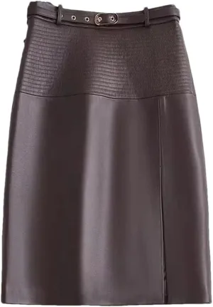 Women Leather Knee-Length Pencil Skirt Slim Leopard Pattern Split Wrapped Skirt Striped Belt Midi Skirt