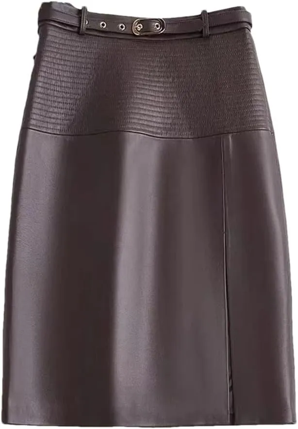 Women Leather Knee-Length Pencil Skirt Slim Leopard Pattern Split Wrapped Skirt Striped Belt Midi Skirt