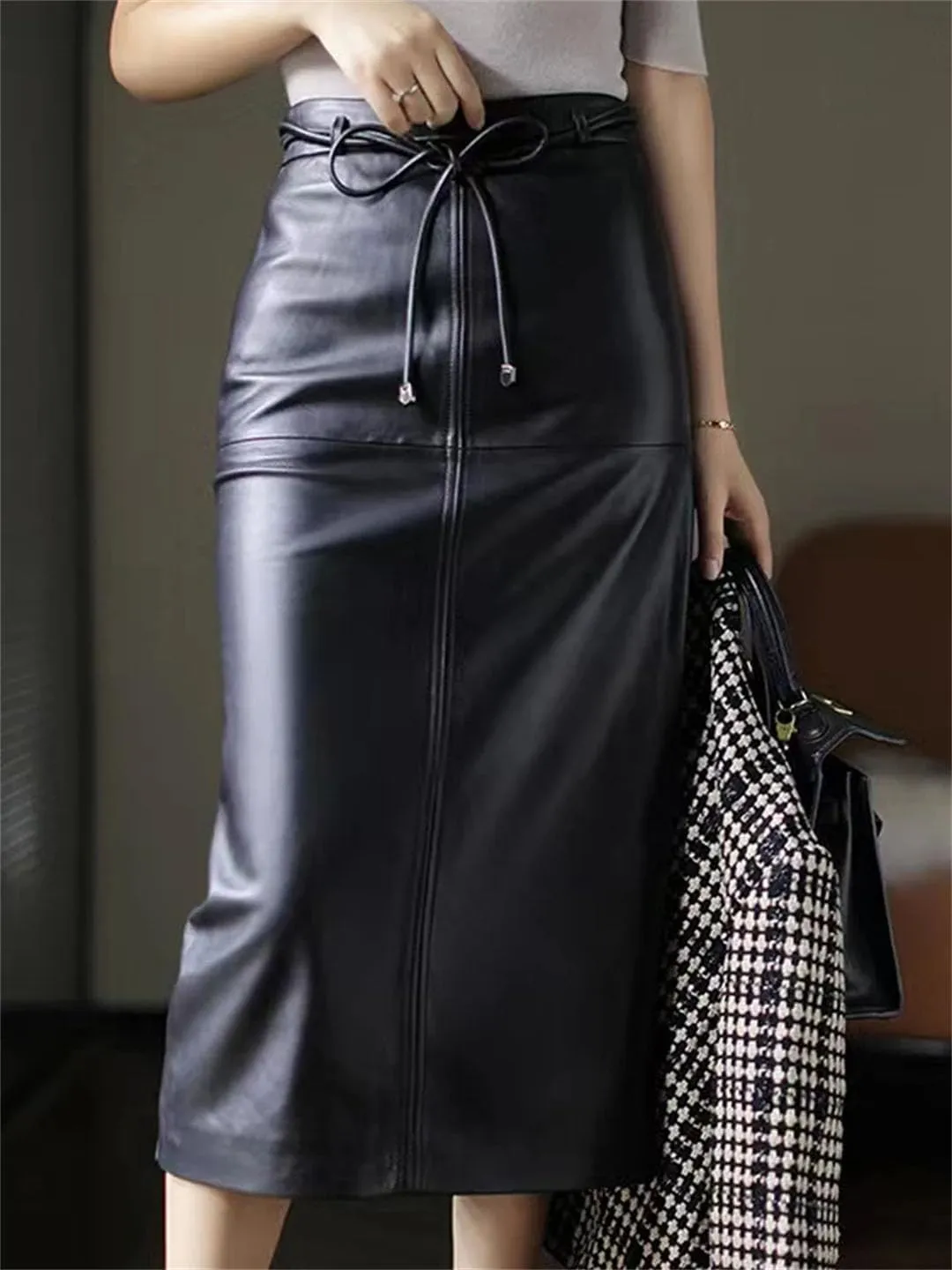 Women Leather Wrap Skirt Commuting Straight Split Back Lace-Up Midi Skirt Solid Office Skirt