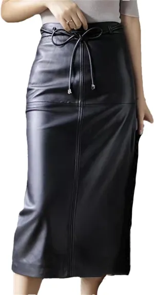 Women Leather Wrap Skirt Commuting Straight Split Back Lace-Up Midi Skirt Solid Office Skirt