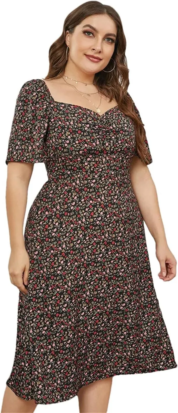 Women Neck Ditsy Floral Puff Sleeve Dress Plus Size Summer High Waist A-Line Split Midi Dresses