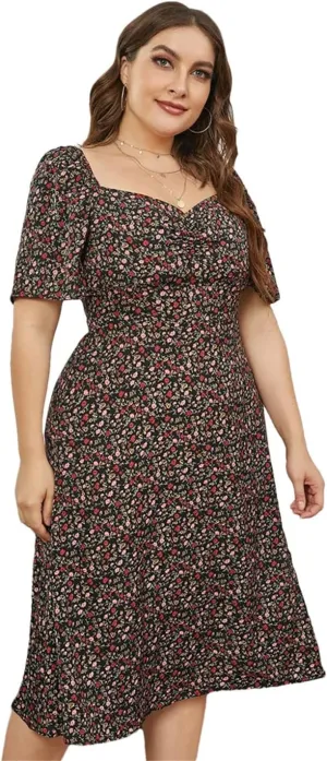 Women Neck Ditsy Floral Puff Sleeve Dress Plus Size Summer High Waist A-Line Split Midi Dresses