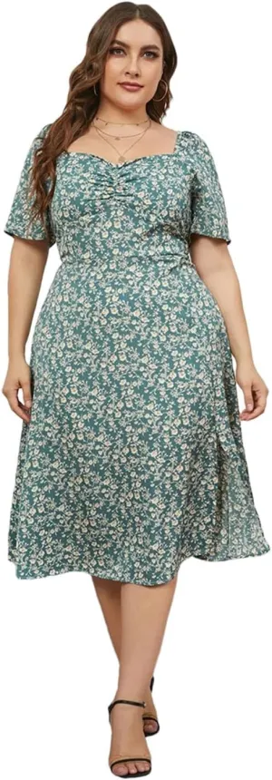 Women Neck Ditsy Floral Puff Sleeve Dress Plus Size Summer High Waist A-Line Split Midi Dresses