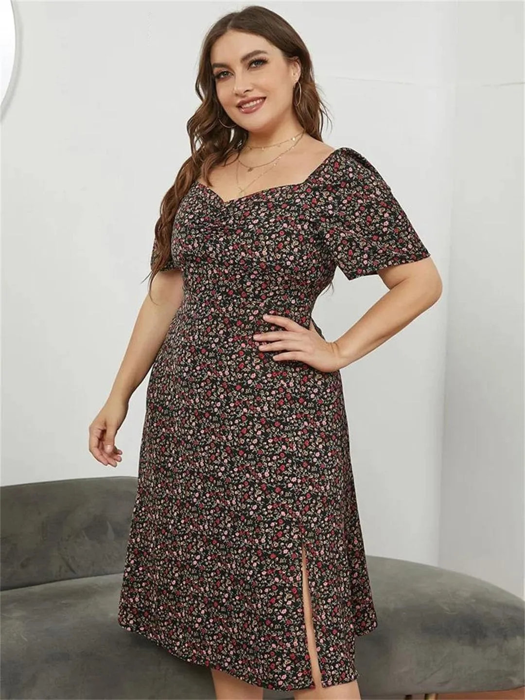 Women Neck Ditsy Floral Puff Sleeve Dress Plus Size Summer High Waist A-Line Split Midi Dresses