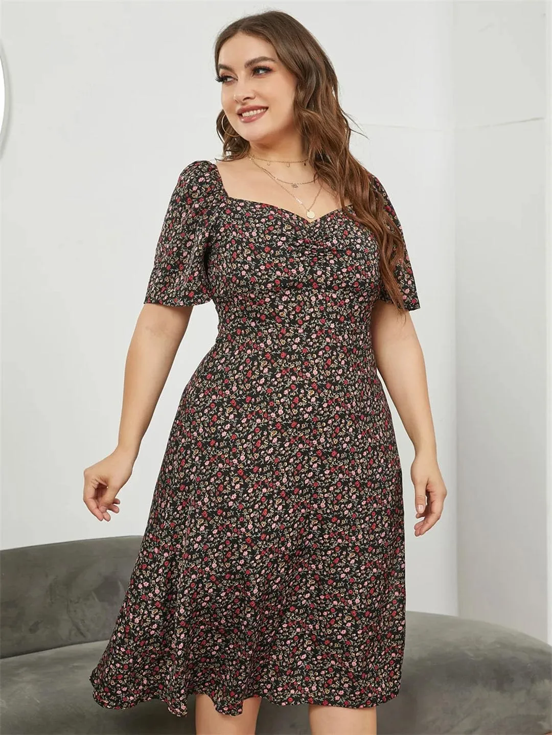 Women Neck Ditsy Floral Puff Sleeve Dress Plus Size Summer High Waist A-Line Split Midi Dresses