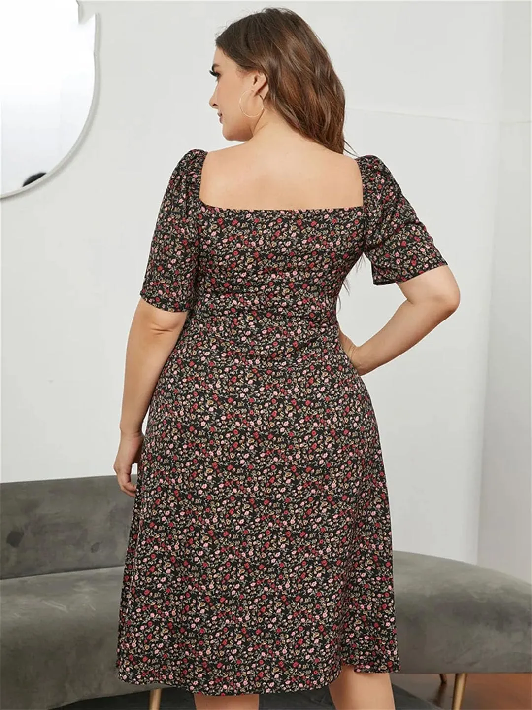 Women Neck Ditsy Floral Puff Sleeve Dress Plus Size Summer High Waist A-Line Split Midi Dresses