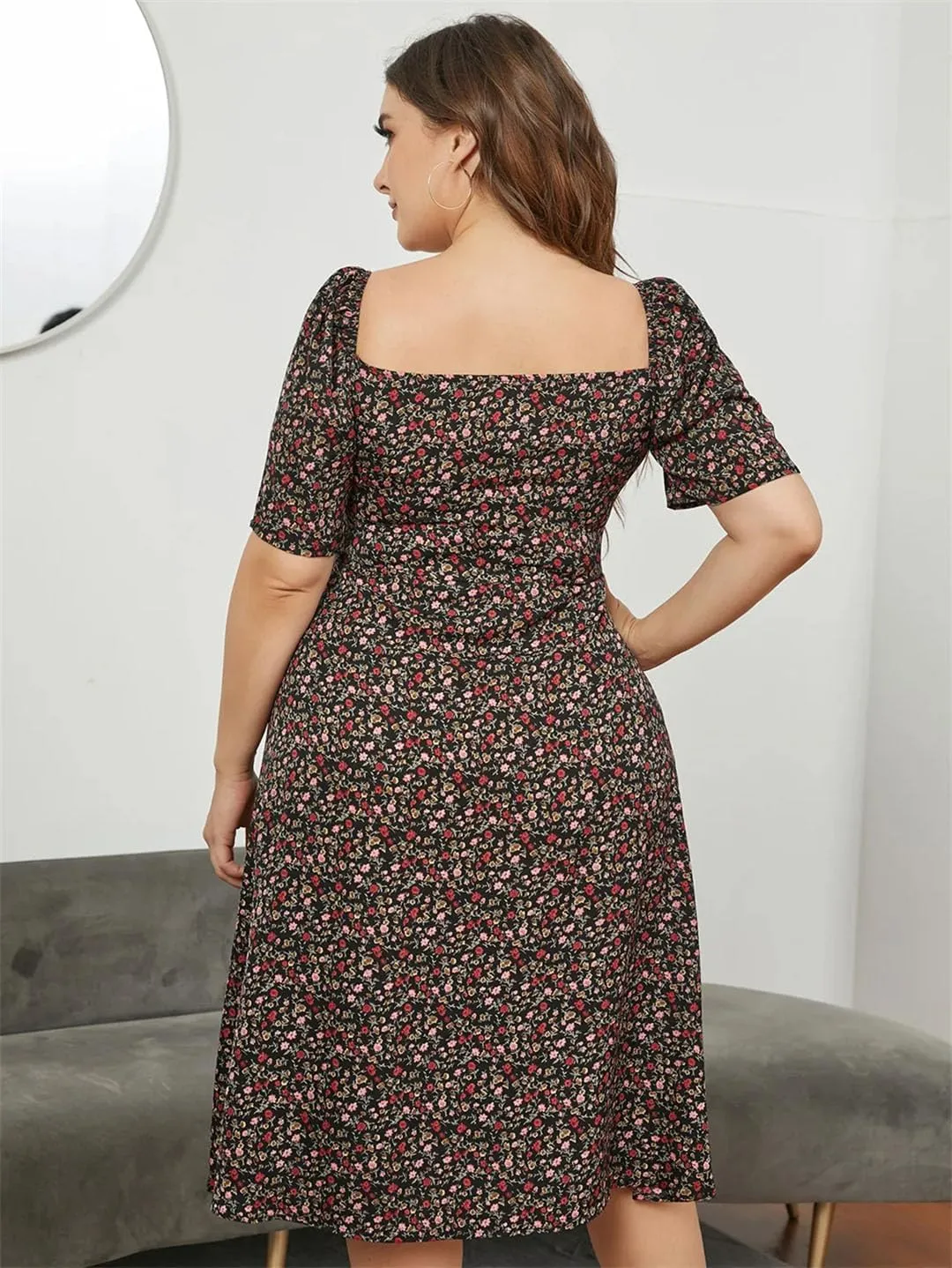 Women Neck Ditsy Floral Puff Sleeve Dress Plus Size Summer High Waist A-Line Split Midi Dresses