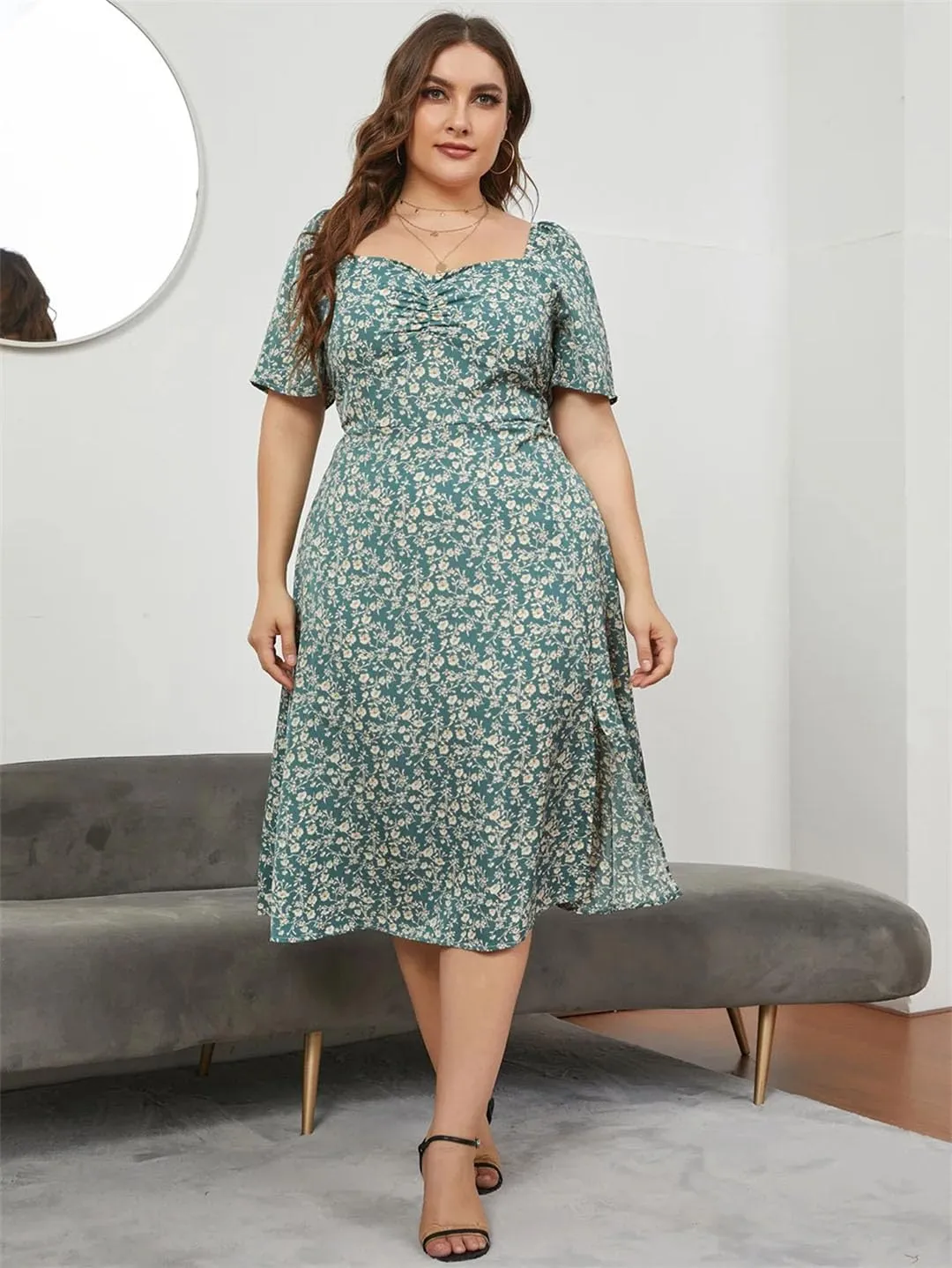 Women Neck Ditsy Floral Puff Sleeve Dress Plus Size Summer High Waist A-Line Split Midi Dresses
