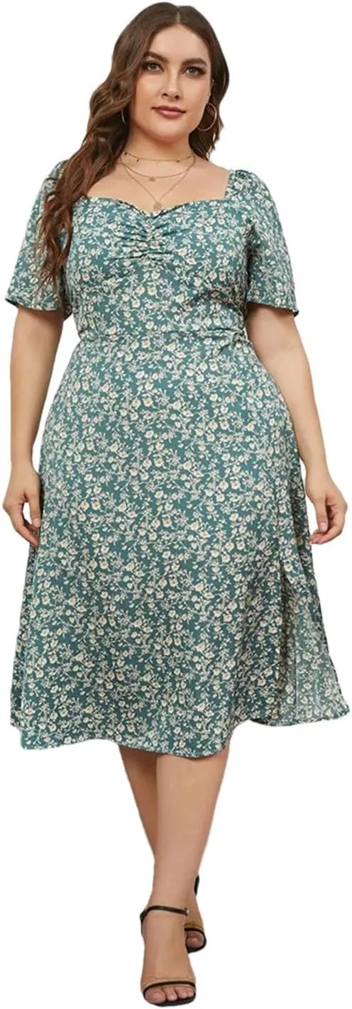 Women Neck Ditsy Floral Puff Sleeve Dress Plus Size Summer High Waist A-Line Split Midi Dresses