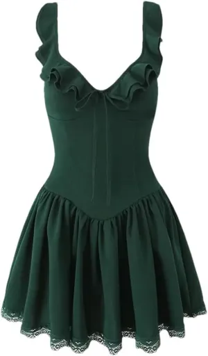 Women Ruffle V-Neck Shoulder Straps Mini Dress Lace Trim Low Waist A-Line Dresses Holiday Robe Tops