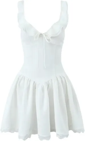 Women Ruffle V-Neck Shoulder Straps Mini Dress Lace Trim Low Waist A-Line Dresses Holiday Robe Tops
