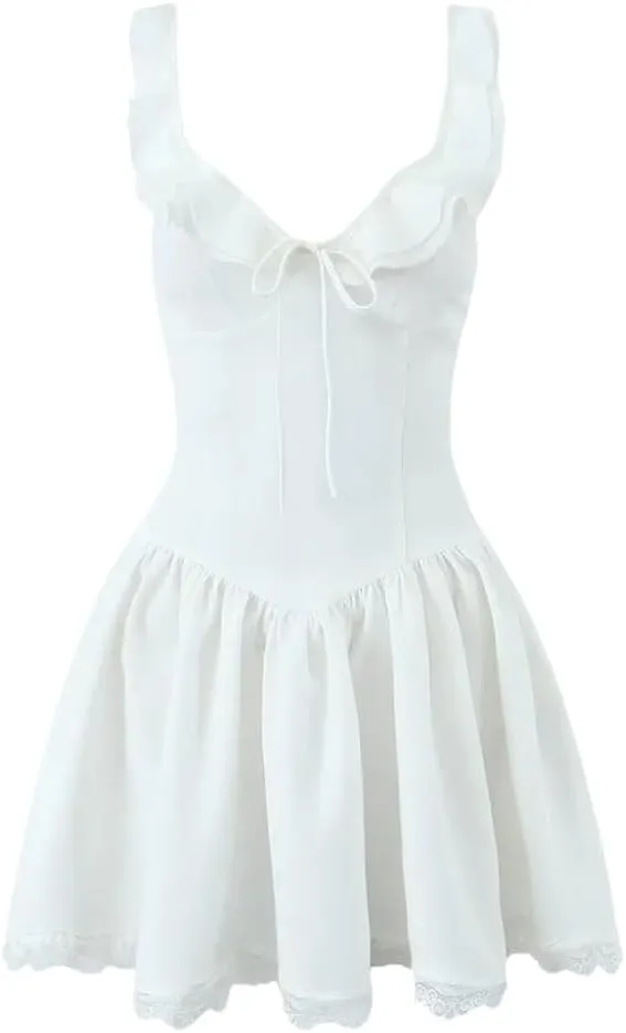 Women Ruffle V-Neck Shoulder Straps Mini Dress Lace Trim Low Waist A-Line Dresses Holiday Robe Tops