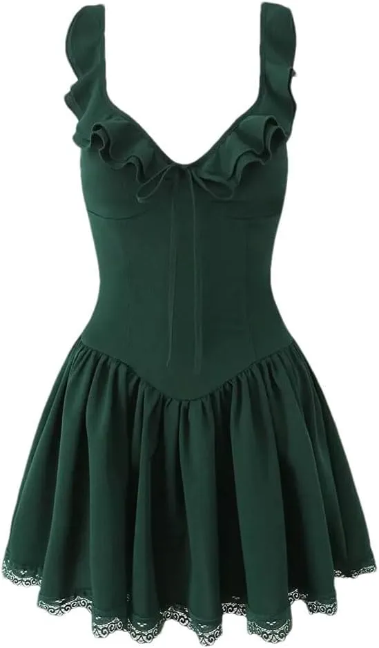 Women Ruffle V-Neck Shoulder Straps Mini Dress Lace Trim Low Waist A-Line Dresses Holiday Robe Tops