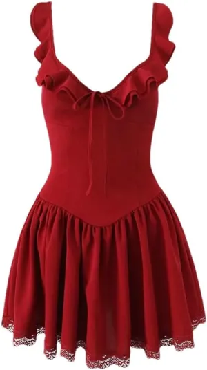 Women Ruffle V-Neck Shoulder Straps Mini Dress Lace Trim Low Waist A-Line Dresses Holiday Robe Tops