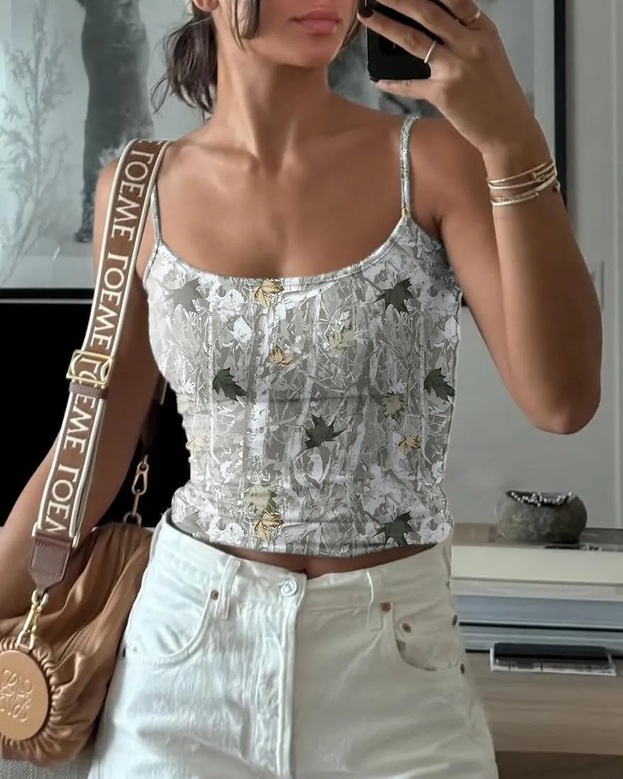 Women Sexy Spaghetti Straps Camo Print Y2K Crop Cami Tops Sleeveless Scoop Neck Backless Girls Aesthetic Tank