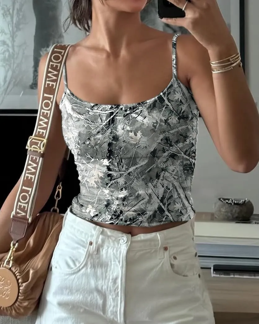 Women Sexy Spaghetti Straps Camo Print Y2K Crop Cami Tops Sleeveless Scoop Neck Backless Girls Aesthetic Tank