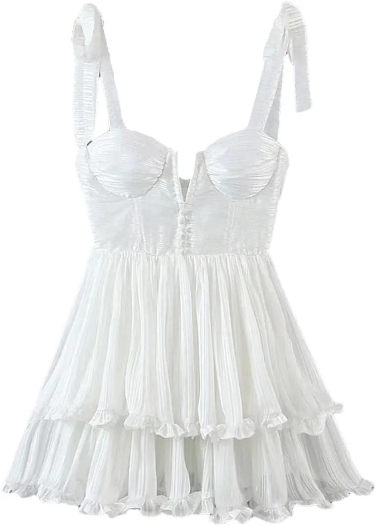 Women Slim Shoulder Straps Ruffle Cake Chiffon Dress Ladies Floral Print Holiday Party Mini Dress