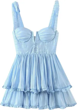 Women Slim Shoulder Straps Ruffle Cake Chiffon Dress Ladies Floral Print Holiday Party Mini Dress