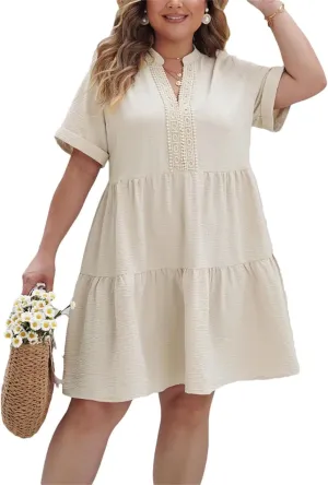 Women Solid Ruffle Hem Dress 2024 Boho Summer Short Sleeve Vacation Mini Dresses