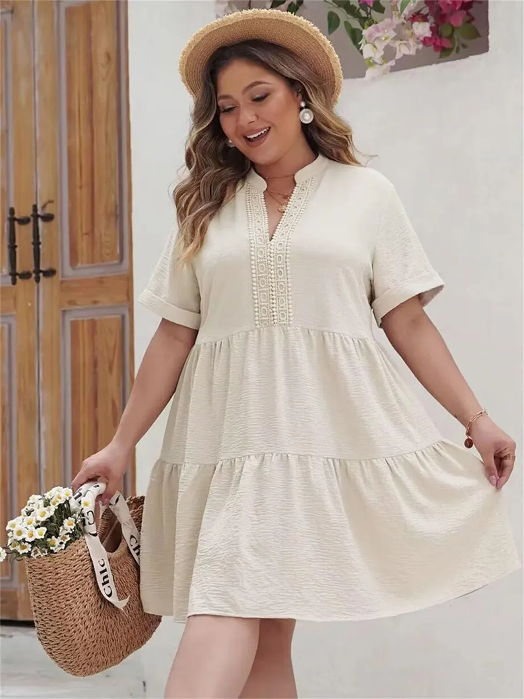 Women Solid Ruffle Hem Dress 2024 Boho Summer Short Sleeve Vacation Mini Dresses