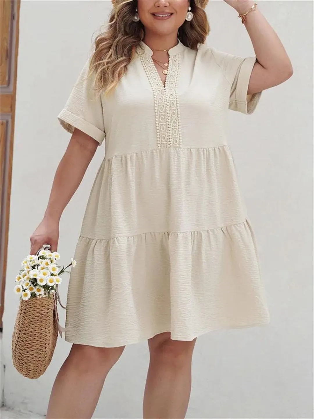 Women Solid Ruffle Hem Dress 2024 Boho Summer Short Sleeve Vacation Mini Dresses