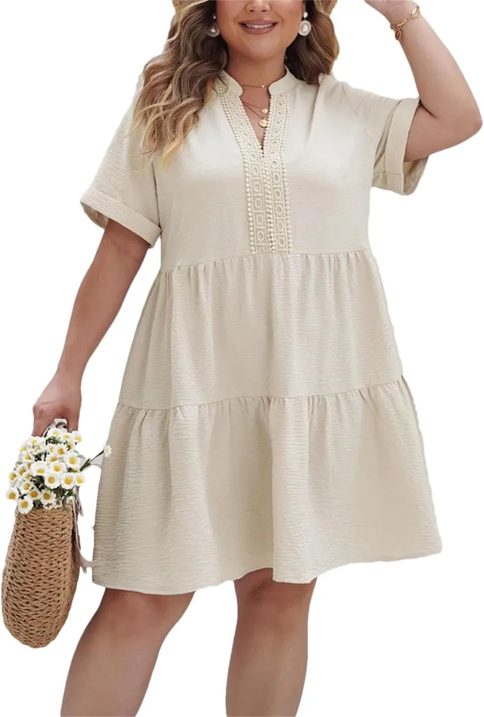 Women Solid Ruffle Hem Dress 2024 Boho Summer Short Sleeve Vacation Mini Dresses