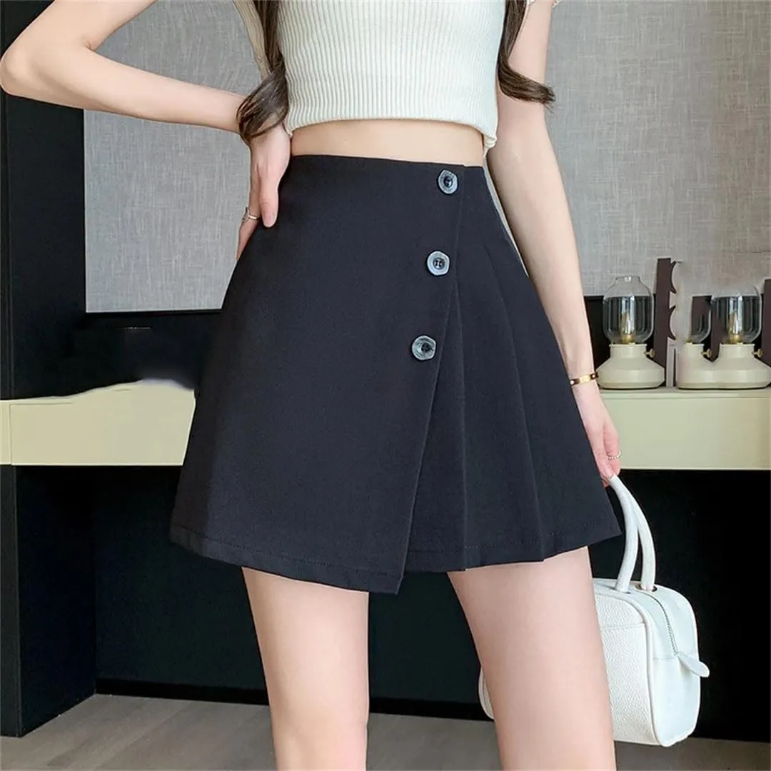Women Streetwear High Waist Mini Pleated Vintage A-Line Suit Shorts Buttons Skirts