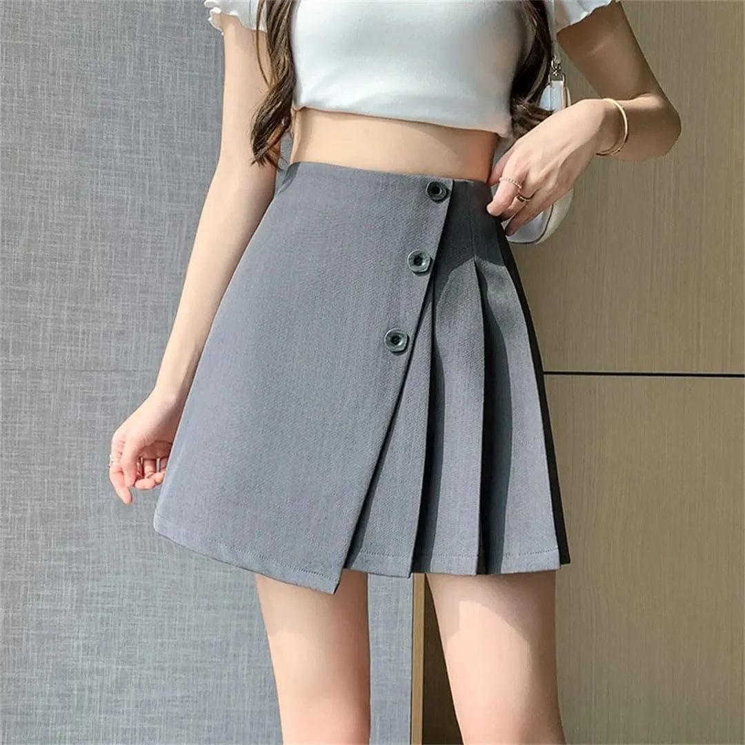 Women Streetwear High Waist Mini Pleated Vintage A-Line Suit Shorts Buttons Skirts