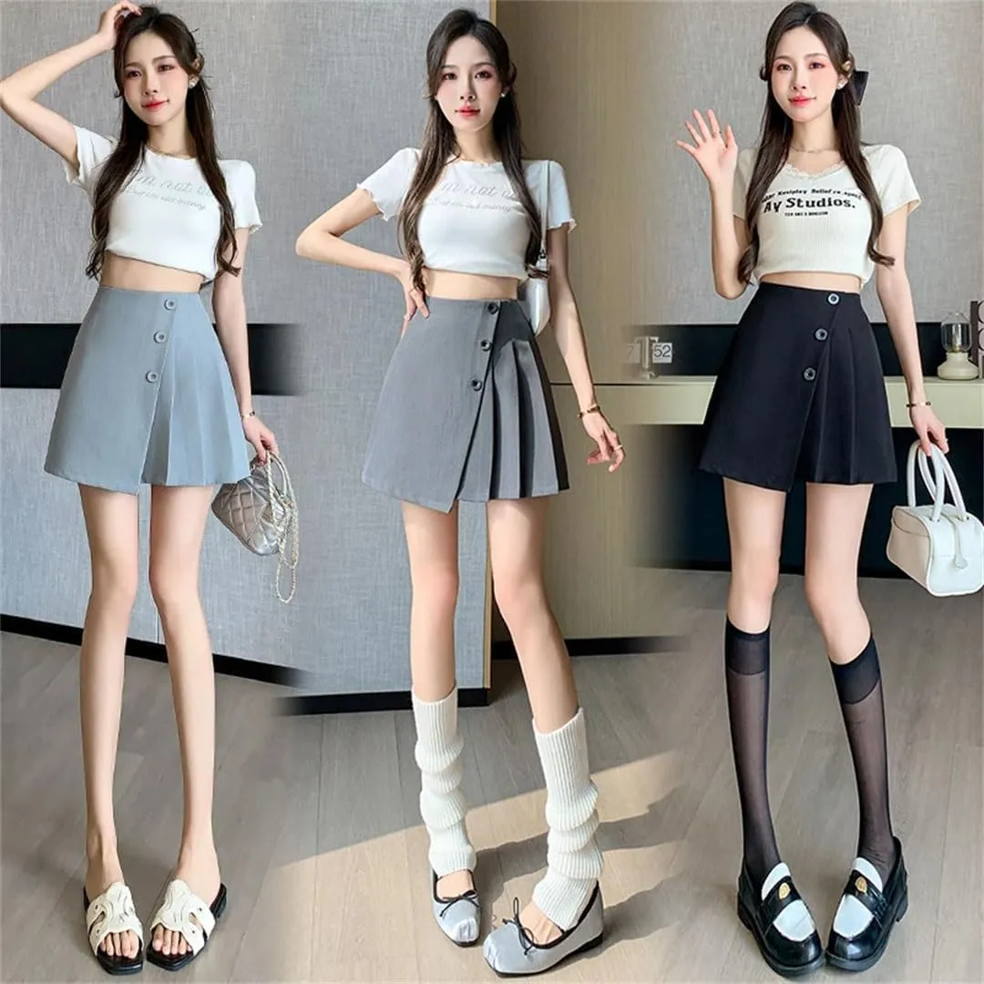 Women Streetwear High Waist Mini Pleated Vintage A-Line Suit Shorts Buttons Skirts