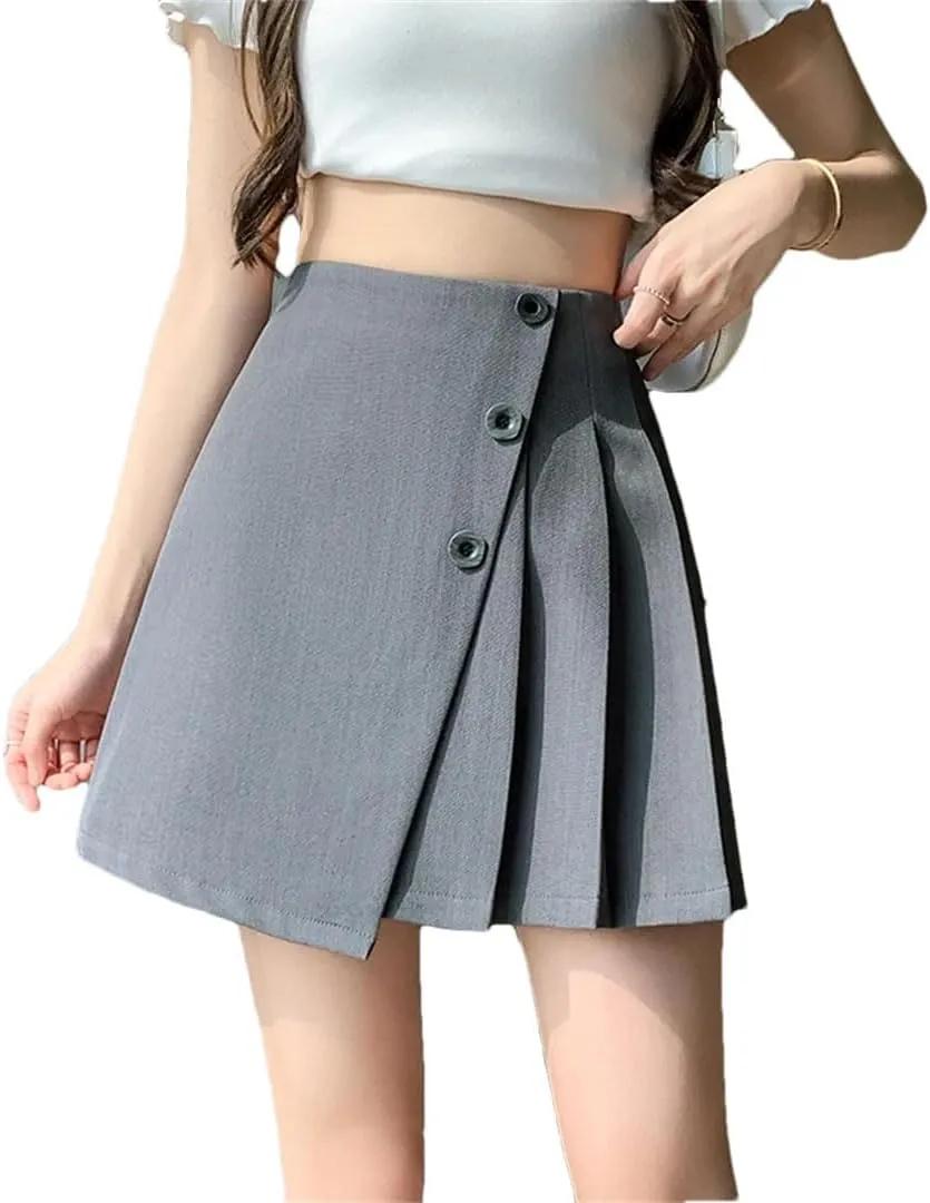 Women Streetwear High Waist Mini Pleated Vintage A-Line Suit Shorts Buttons Skirts