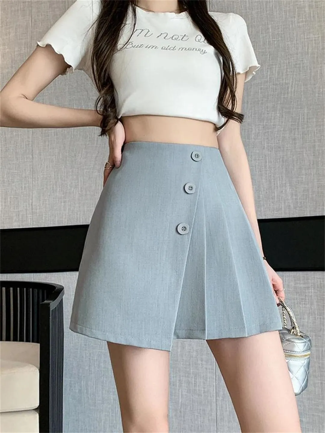 Women Streetwear High Waist Mini Pleated Vintage A-Line Suit Shorts Buttons Skirts