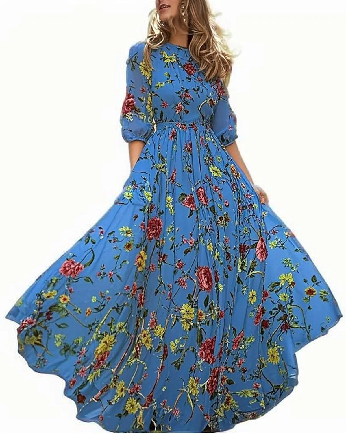 Women Summer Chiffon Bohemian Floral Dress Casual 3/4 Sleeve Maxi A-Line Pleated Swing Long Beach Vacation Sundress