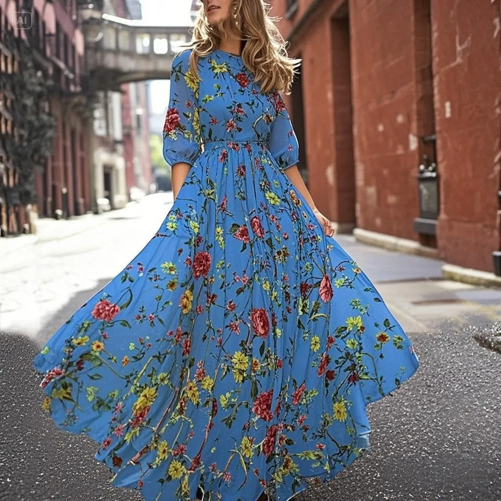 Women Summer Chiffon Bohemian Floral Dress Casual 3/4 Sleeve Maxi A-Line Pleated Swing Long Beach Vacation Sundress