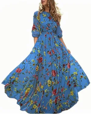 Women Summer Chiffon Bohemian Floral Dress Casual 3/4 Sleeve Maxi A-Line Pleated Swing Long Beach Vacation Sundress