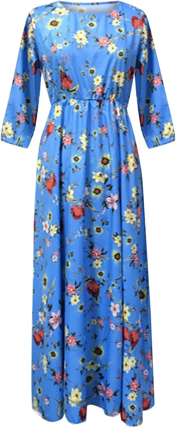 Women Summer Chiffon Bohemian Floral Dress Casual 3/4 Sleeve Maxi A-Line Pleated Swing Long Beach Vacation Sundress