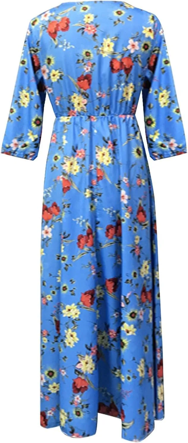 Women Summer Chiffon Bohemian Floral Dress Casual 3/4 Sleeve Maxi A-Line Pleated Swing Long Beach Vacation Sundress