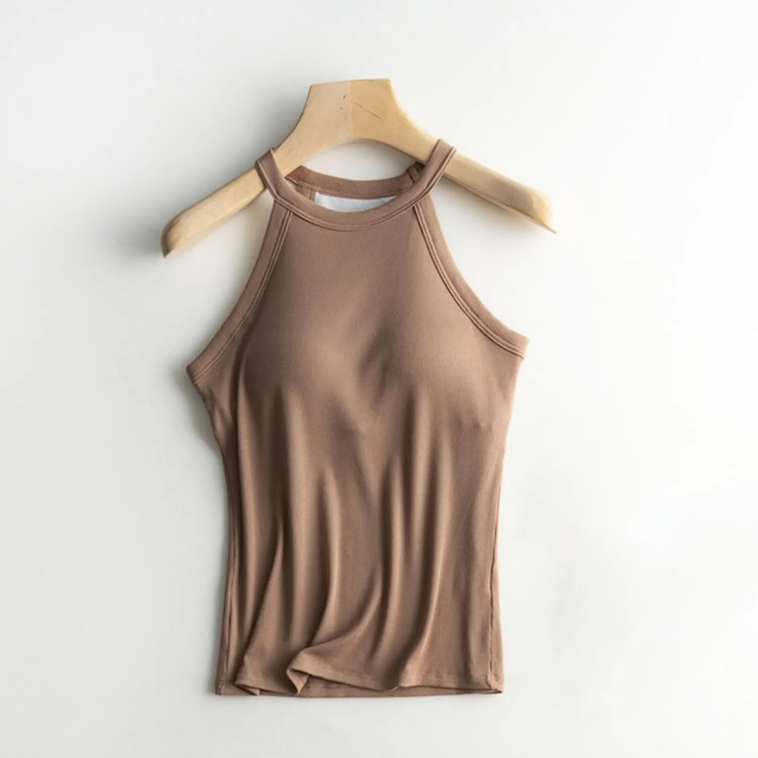 Women Tank Tops with Built in Bras Casual Basic Racerback Ribbed Shirts Sleeveless High Neck Slim Fit Tops