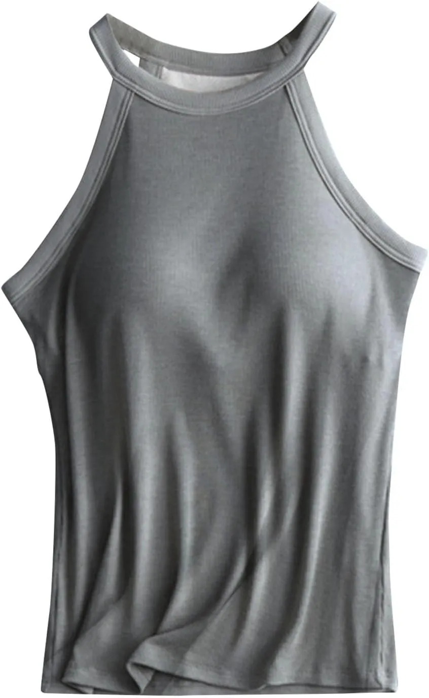 Women Tank Tops with Built in Bras Sleeveless Racerback Casual Basic Ribbed Shirts High Neck Slim Fit Tops
