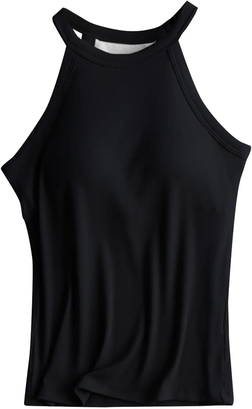 Women Tank Tops with Built in Bras Sleeveless Racerback Casual Basic Ribbed Shirts High Neck Slim Fit Tops