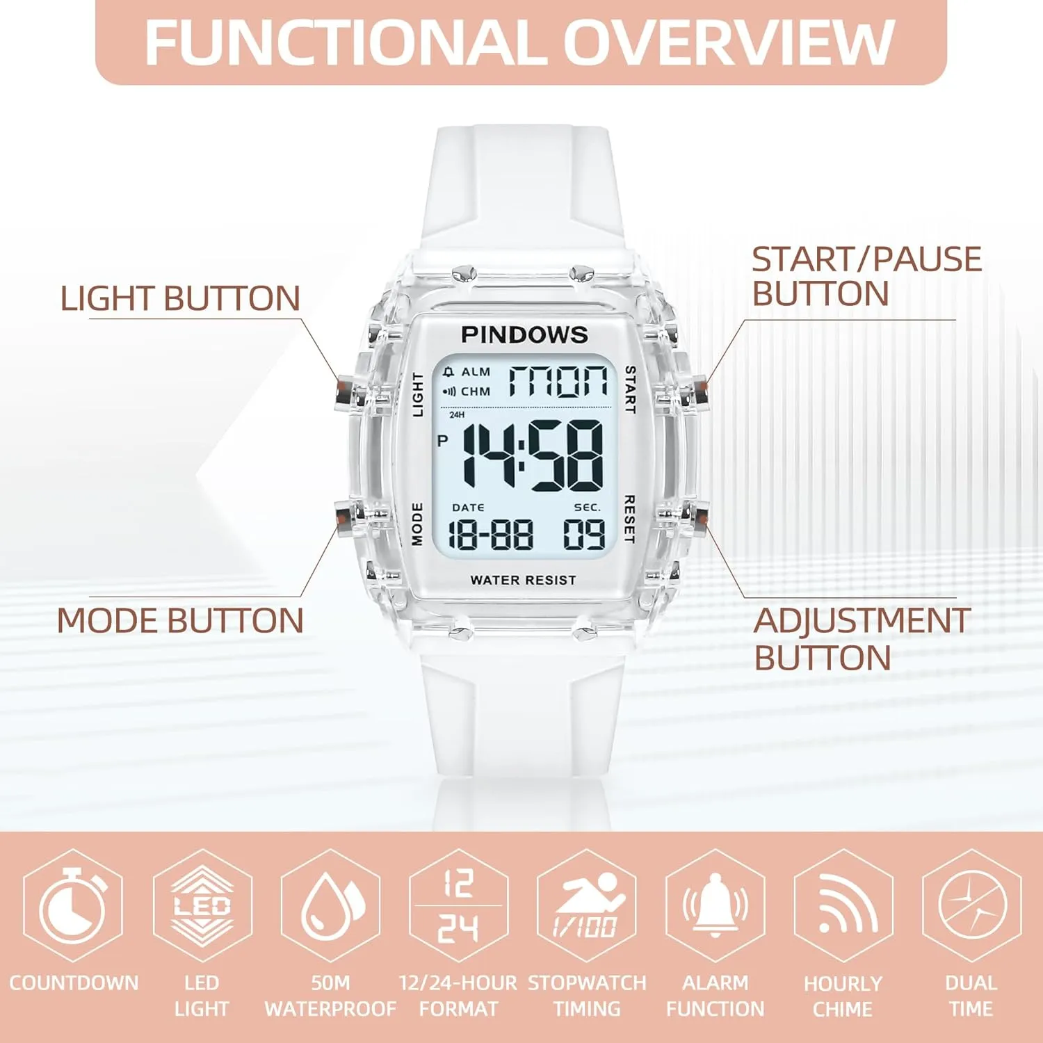 Women Watch for Women Teenagers Watch Outdoor Sports Digital Watches for Ladies Students Waterproof Watches with Alarm Stopwatch Countdown Dual-Time Hourly Chime Function High Brightness Light