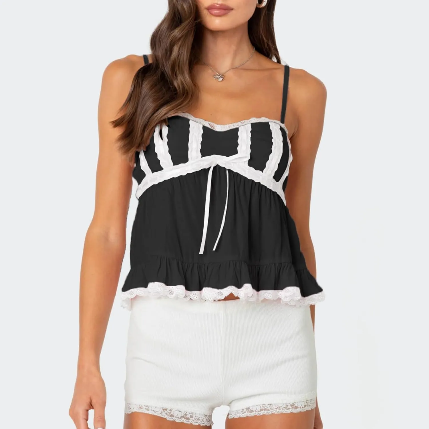 Women Y2K Camisole Sleeveless Spaghetti Straps V Neck Summer Sweet Babydoll Tank Tops Streetwear Cami Tops