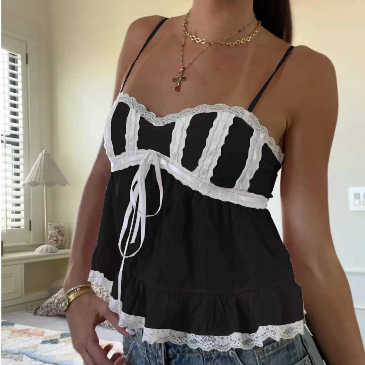 Women Y2K Camisole Sleeveless Spaghetti Straps V Neck Summer Sweet Babydoll Tank Tops Streetwear Cami Tops
