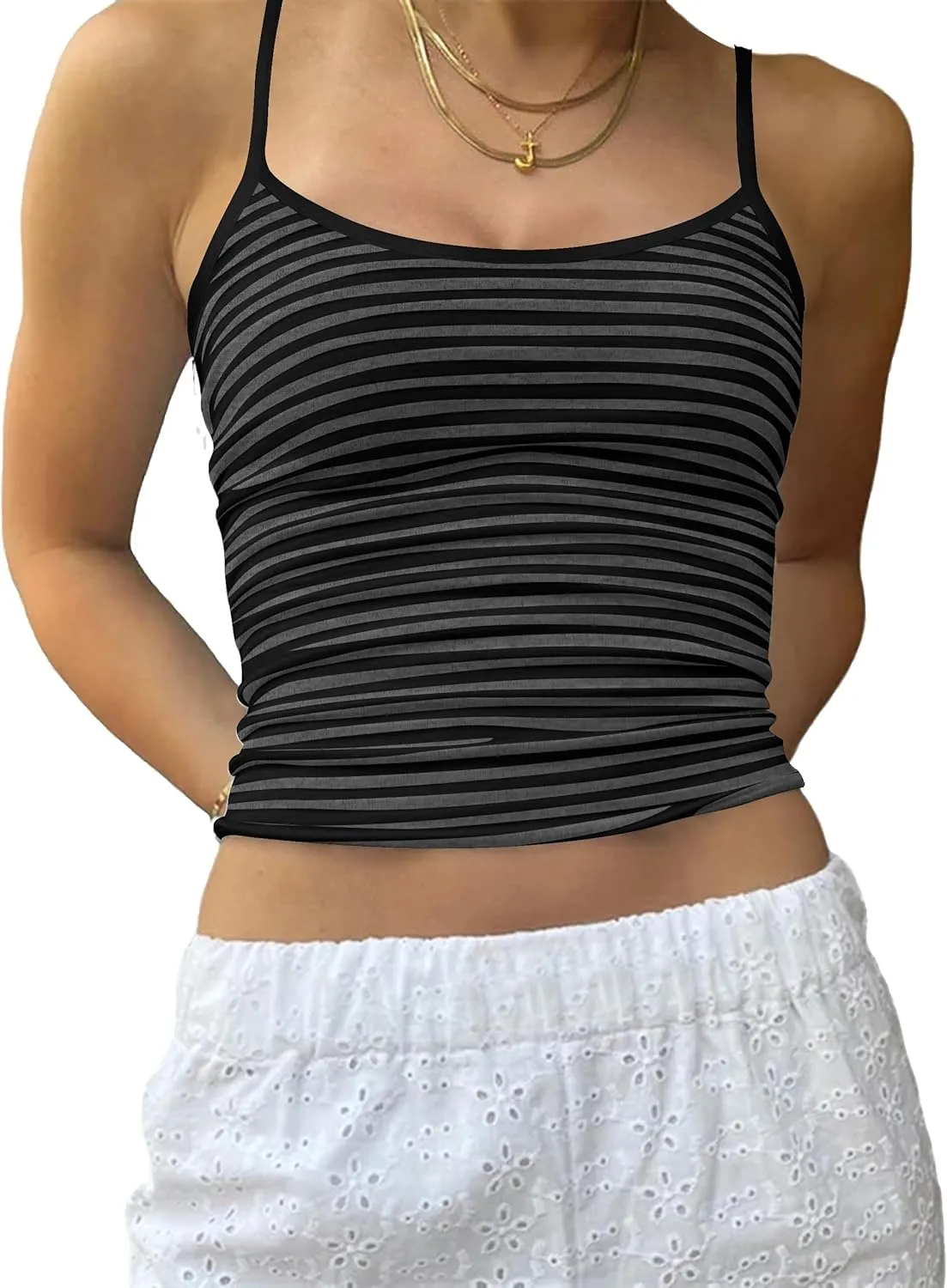 Women Y2K Striped Colorblock Spaghetti Strap Crop Cami Tank Sleeveless Backless Aesthetic Going Out Tops Girls