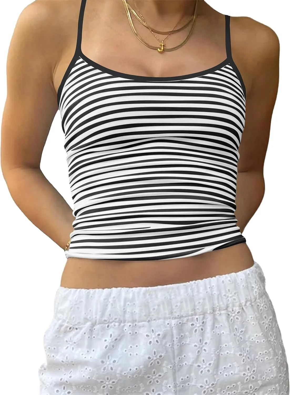 Women Y2K Striped Colorblock Spaghetti Strap Crop Cami Tank Sleeveless Backless Aesthetic Going Out Tops Girls