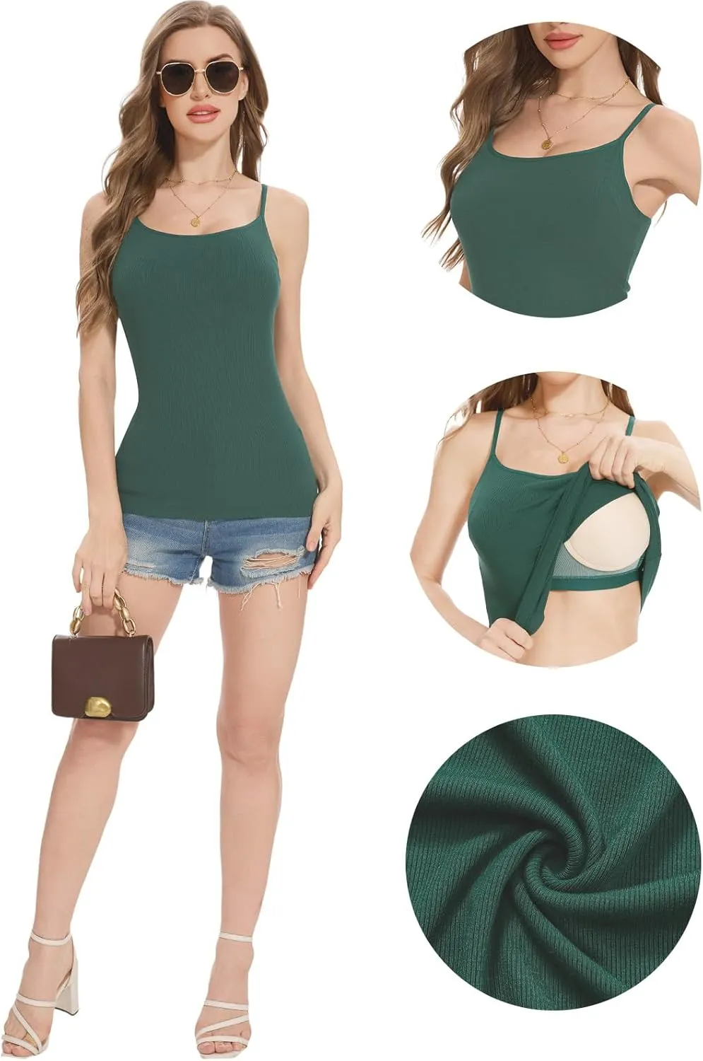 Womens Camisole Tank with Built in Bra Ribbed Camisole Tops Spaghetti Straps Tank Tops
