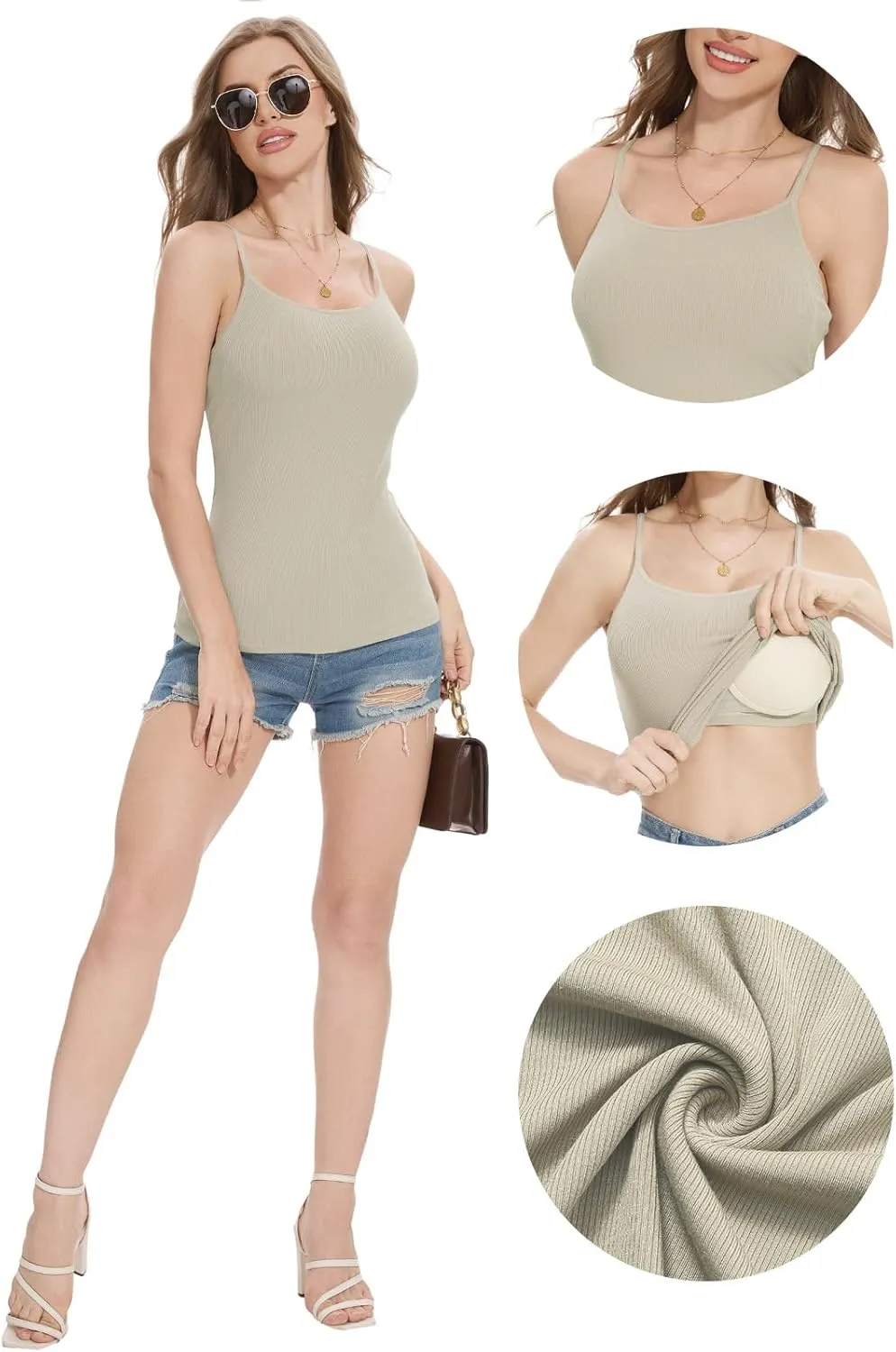 Womens Camisole Tank with Built in Bra Ribbed Camisole Tops Spaghetti Straps Tank Tops